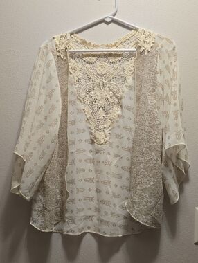 Maurices Cream Crochet Trim Sheer Floral Kimono